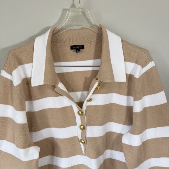 Talbots Sweater Collared Gold Buttons Pullover XL Tan White Striped Neutral New - Picture 3 of 6